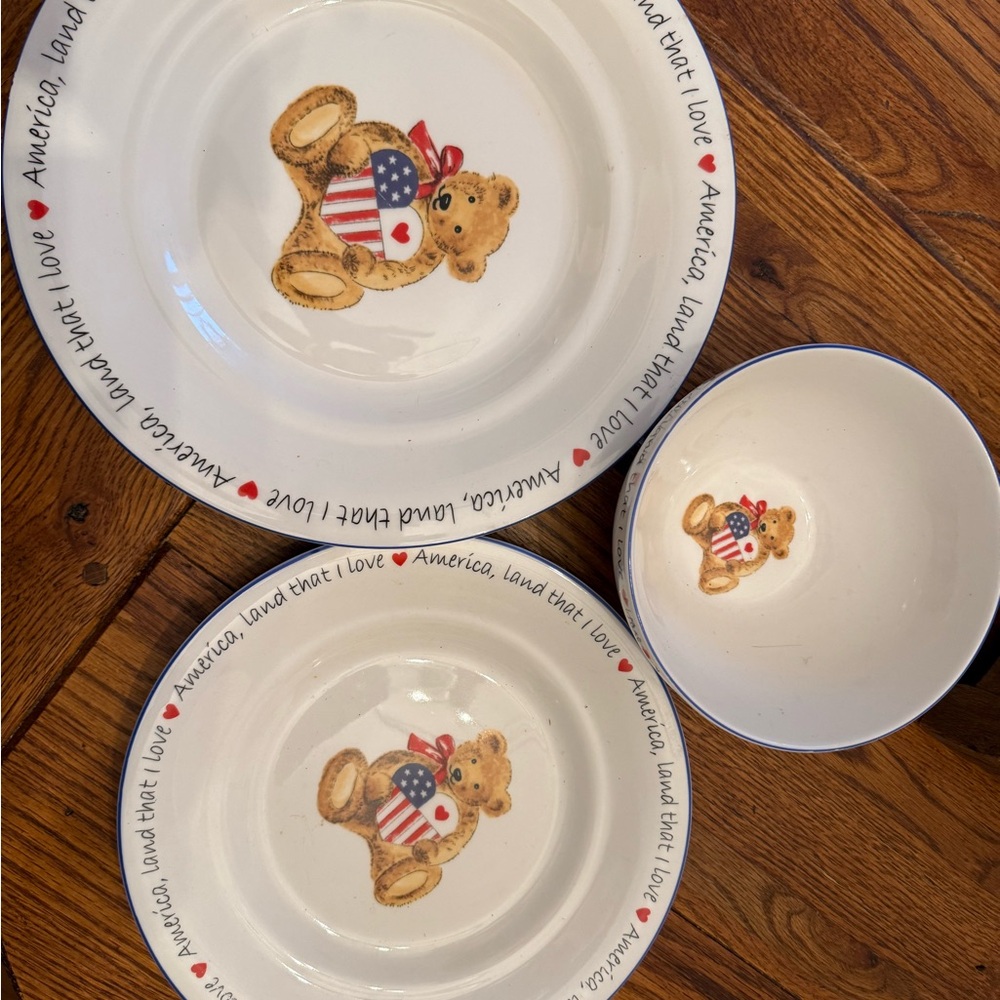 White and Red Ceramic Dinnerware Set with Teddy Bear Design